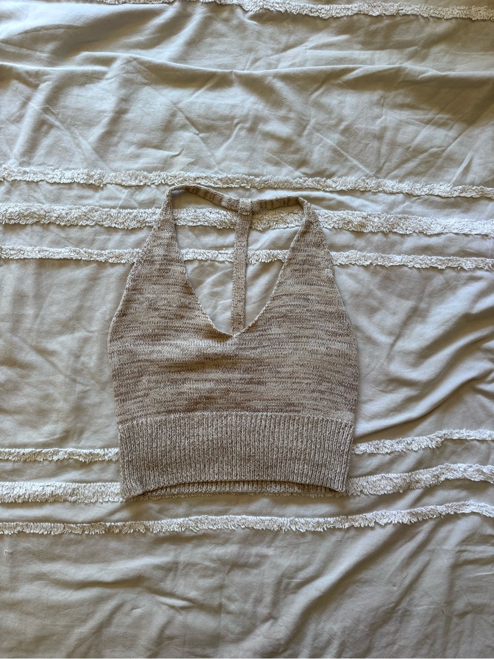 Knit Halter T Back Crop Top in Heathered Beige